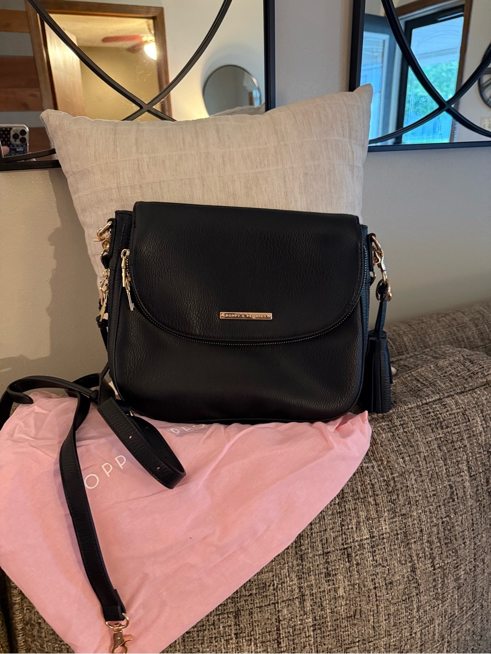 Poppy & Peonies Black Crossbody Bag with Gold Hardware